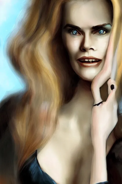 Image similar to mix of beautiful young maria shriver, mariel hemmingway, brooke shields, nicole kidman and elle macpherson as a vampire with mouth open with sharp teeth, thin lips, hair tied up in a pony tail, dark blonde hair, colorful, artstation, cgsociety