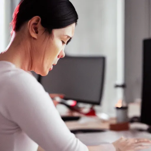 Prompt: angry woman looking at monitor typing on keyboard photo dramatic lighting from behind