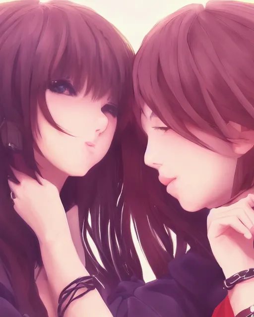 Image similar to portrait of two girls kissing, anime, drawn by WLOP, trending on Artstation