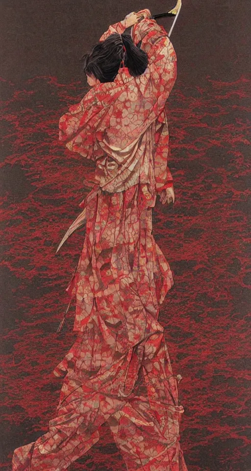 Image similar to japanese schoolgirl runs away from samurai with a katana on the subway, high detailed beksinski painting, part by adrian ghenie and gerhard richter. art by takato yamamoto. masterpiece, deep colours, red