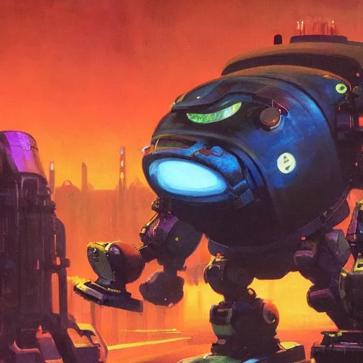 Prompt: a dark and colorful close - up of a sci - fi mecha walrus robot with led lights glowing fog in the background. highly detailed science fiction painting by norman rockwell, frank frazetta, and syd mead. rich colors, high contrast, gloomy atmosphere, dark background. trending on artstation