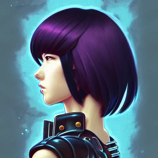 Prompt: head and shoulders portrait of Motoko Kusanagi League of Legends illustration, medium shot, intricate, elegant, highly detailed, digital art, ffffound, art by JC Leyendecker and sachin teng