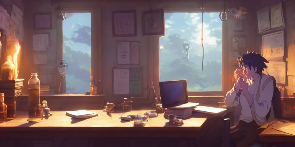 Image similar to a wizard with brown hair is standing at his desk working with jars of liquids, beakers of bubbling potions, coherent, medium shot, waist up, studio ghibli, pixar and disney animation, sharp, rendered in unreal engine 5, anime key art by greg rutkowski, bloom, dramatic lighting