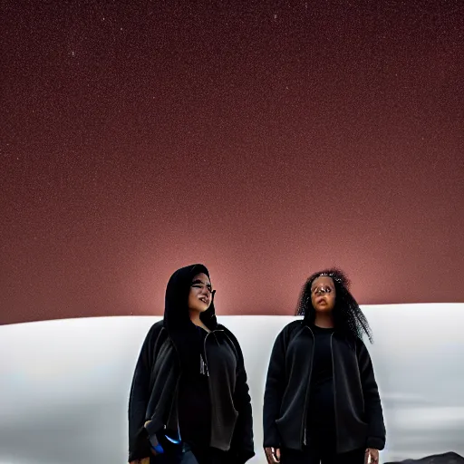 Image similar to photograph of 2 women wearing black techwear in front of a brutalist sharp - edged metal building, on a desolate plain, red eerie sky, sigma 8 5 mm f / 1. 4, 4 k, depth of field, high resolution, 4 k, 8 k, hd, full color