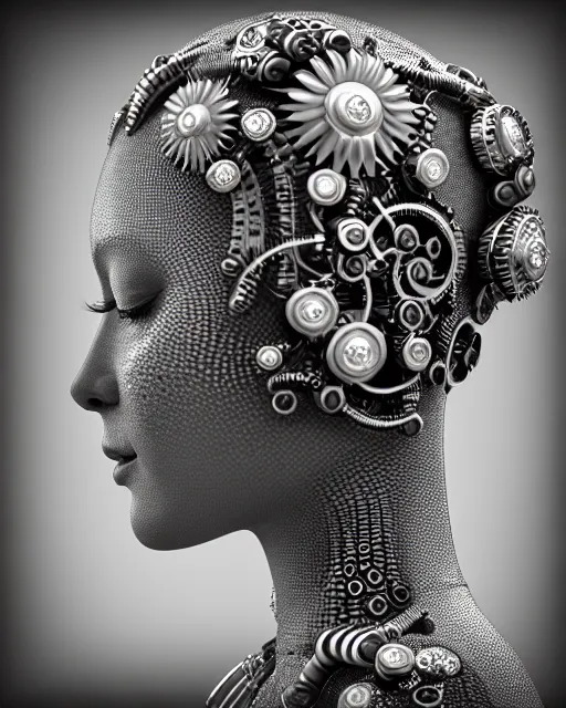 Image similar to mythical black and white organic bio-mechanical spinal ribbed profile face portrait detail of silver mechanical beautiful female angelic-queen-vegetal-cyborg, highly detailed, intricate steampunk flower and diamonds and gemstones ornate, poetic, 3D render, digital art, octane render, 8K artistic photography, photo-realistic, by Dora Maar