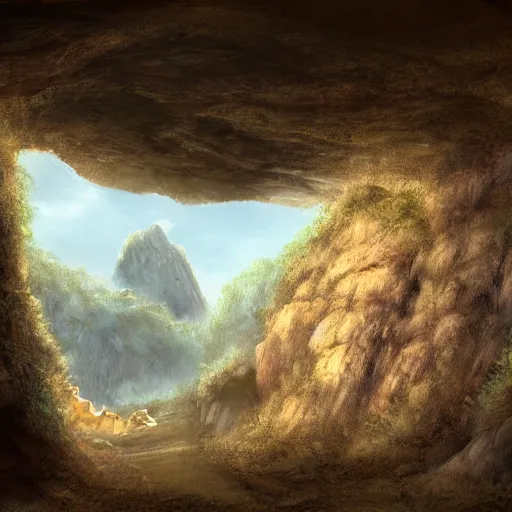 Image similar to a pre historic landscape seen through a cave entrance, digital art, trending on artstation