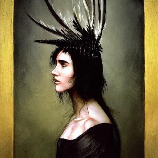 Prompt: character concept art of youthful young jennifer connelly with black feathers instead of hair, black lips, feathers growing out of skin, feathers growing from arms, black hands with long black claws, pale and sickly, profile view, renaissance, rembrandt, oil painting, very highly detailed