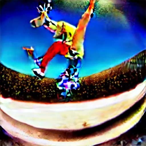 Image similar to award winning color photo of, Tony Hawk, skateboarding, doing a 900, in the 1986 vert contest, fisheye lens, detailed faces, detailed skateboard, 8k, balanced composition