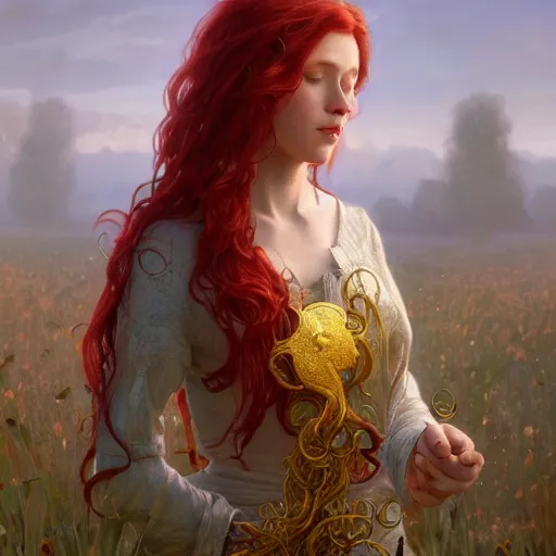 Image similar to highly detailed painting of a red-haired young woman wearing a blue tunic, in a field of golden tentacles, octane render, trending on artstation, by Artgerm,Greg Rutkowski,Alphonse Mucha, 4k resolution