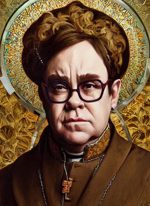 Prompt: Elton John as the pope, headshot, painted renaissance character portrait, highly detailed, painting, artstation, sharp focus, art by artgerm and greg rutkowski and alphonse mucha and magali villeneuve