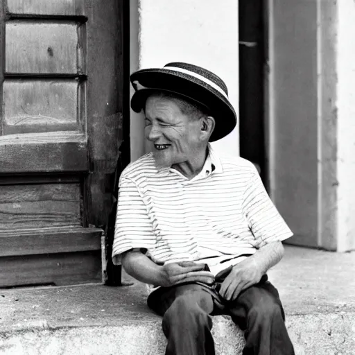 Image similar to An old man wearing a straw hat sitting on the stoop smiling at a happy four year old boy who sits next to him. 1950s, Americana, vintage, black and white, Ian Berry.