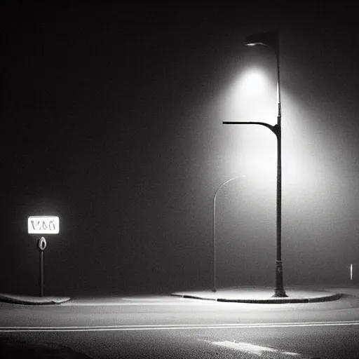 Image similar to A stunningly beautiful award-winning 8K high angle close up cinematic movie photograph of a 4-way stop light in a spooky foggy empty lightless moonlit main intersection in an abandoned 1950s small town at night, by David Fincher and Darius Khonji, perfect composition, from roofline, moody low key backlit. Color palette from Seven, greens yellows and reds. 2 point perspective, high angle from 15 feet off the ground. Octane render