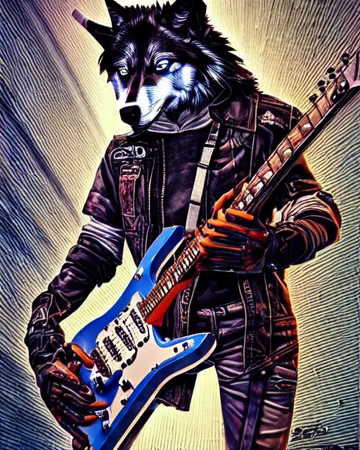 Image similar to a portrait of an anthropomorphic cyberpunk wolf shredding an electric guitar by sandra chevrier, by jon foster, detailed render, tape deck, epic composition, cybernetics, 4 k realistic, cryengine, realistic shaded lighting, sharp focus, masterpiece, by enki bilal