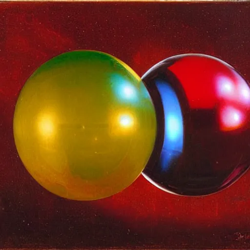 Prompt: chrome spheres on a red cube by frederic edwin church