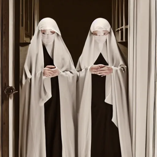 Prompt: award winning photo,two Hovering twin nuns, wearing pointed hoods, buxom chested, blindfolded, wearing translucent veils, see through dress, Very long arms, bedroom, wood door, eerie, frightening, highly detailed, photorealistic, colorized —width 1024 —height 1024