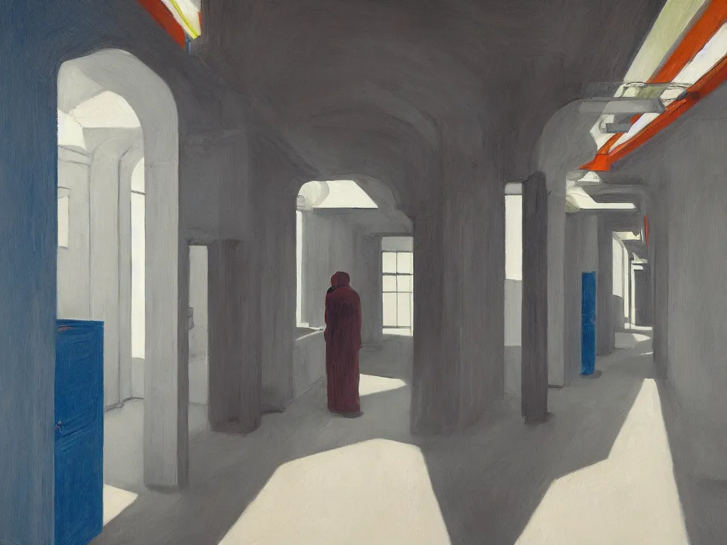 Image similar to colorful minimalist industrial interior hallway with monolithic pillars in the style of ridley scott and stanley kubrick, impossible architecture, ultra view angle view, lone person in the distance, realistic detailed painting by edward hopper