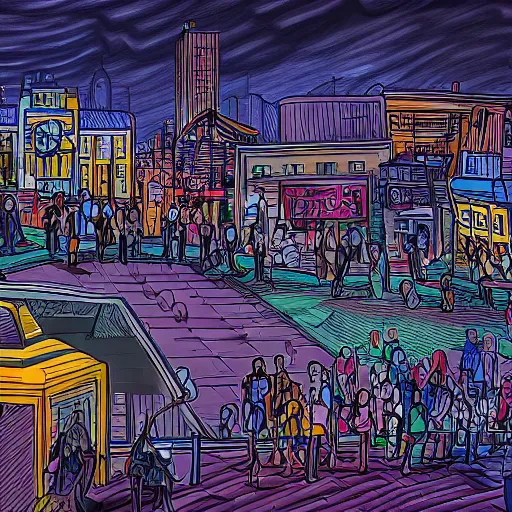 Image similar to landscape of people running away scared from crypto logos standing in the city, digital drawing, hyper - detailed, hdr, 8 k