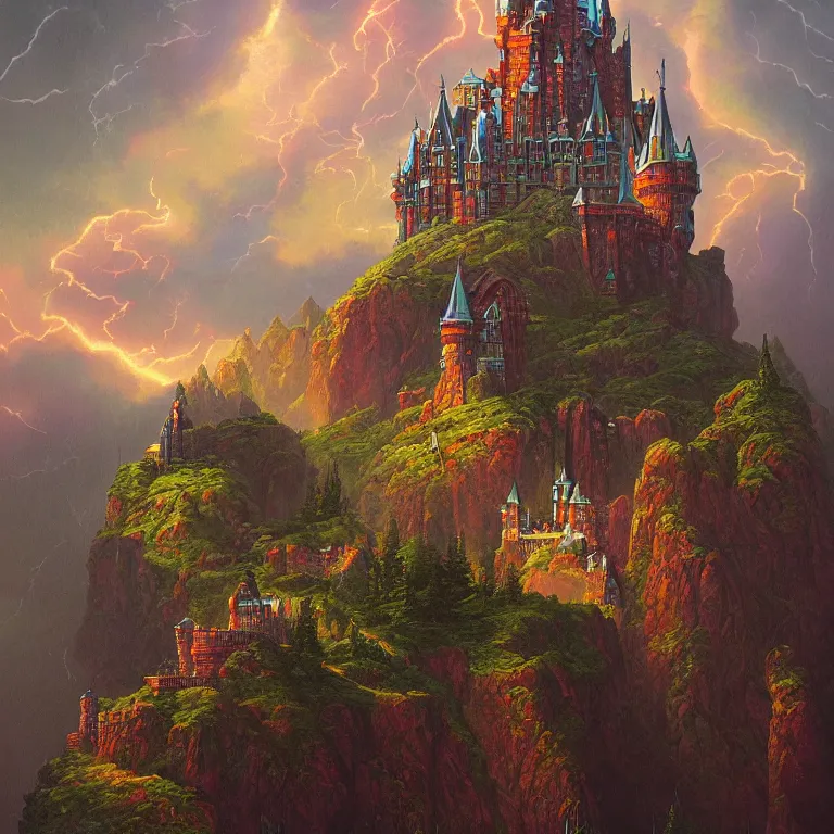 Prompt: an ornate castle on the top of a mountain during a storm by Tim and Greg Hildebrandt, trending on Artstation, rich deep vibrant colors