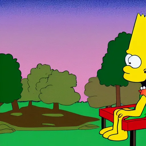 Prompt: Bart Simpson sitting on a bench in the middle of a dark forest, digital art