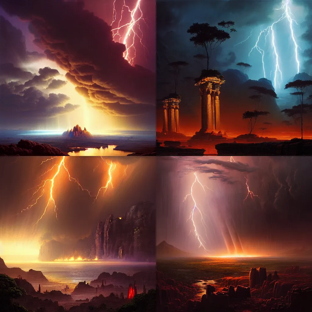 Prompt: an epic colossal scene in gigantic ancient city of Demigods from the exoplanet Gliese on a late monsoon dusk, by Nathan Dane Clarke, by Bruce Pennington, masterpiece, cinematic composition, aesthetic, dynamic, beautiful, detailed, beautiful lighting, stormy weather, thunder, dark clouds, heavy rain, 8K, no frames,