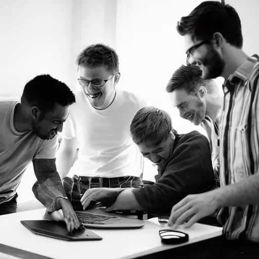 Image similar to several guys looking at a laptop screen laughing, colour photograph, 35mm