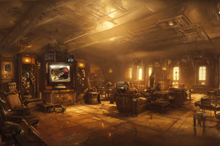 Image similar to interior of a steampunk videoclub, 3d scene, render, ultra realistic, zenith view, Greg Rutkowski, artstation, cgsociety, level design, unreal engine, 3d scene, render, ultra realistic, zenith view, Enki Bilal style