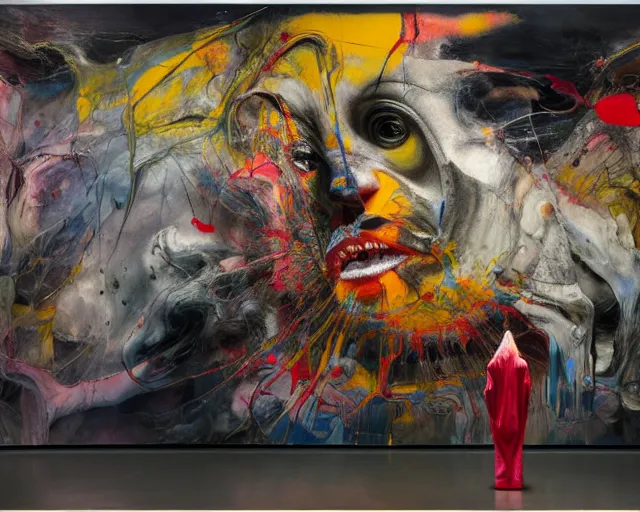 Image similar to otherworldly being standing in gallery of art, a brutalist designed, rich deep vivid colours, broad brush strokes!, painted by francis bacon, michal mraz, adrian ghenie, nicola samori, james jean!!! and petra cortright, part by gerhard richter, part by takato yamamoto. 8 k masterpiece.