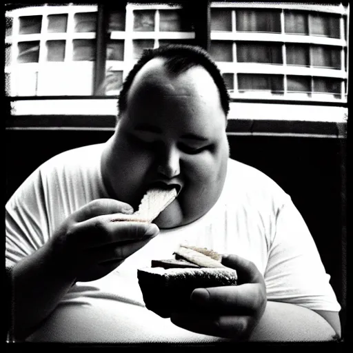 Prompt: a black and white film photograph of a fat man eating a sandwich. holga, lomo, lomography, retro, toy camera, film, tri - x, plus - x, vintage