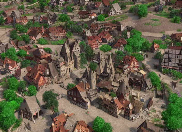 Prompt: ! dream a [ medieval ]!! german village with people selling various items, sitting on stiffly vivacious mountain ridges, trending on artstation, 4 k quality, polycount