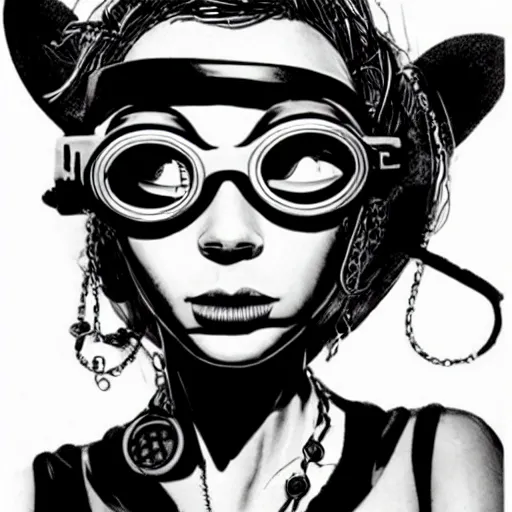 Image similar to cybergoth girl wearing goggles and eclectic jewelry, by jamie hewlett,