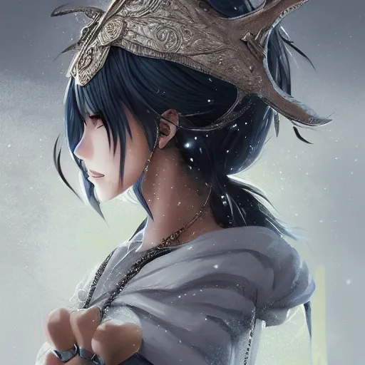 Prompt: !dream An anime young woman witch of the cold, scales and jewelry of gold and silver, intricate, digital painting, highly detailed, concept art, Artstation, Cgsociety, Artgerm, Studio Trigger, Wlop