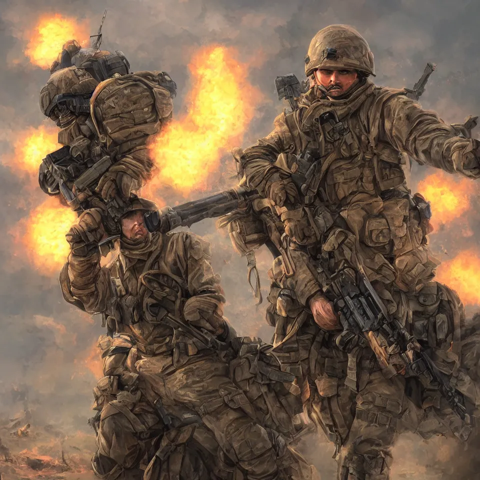 Prompt: firing attacking modern infantry soldiers artstation 4 k hd digital art