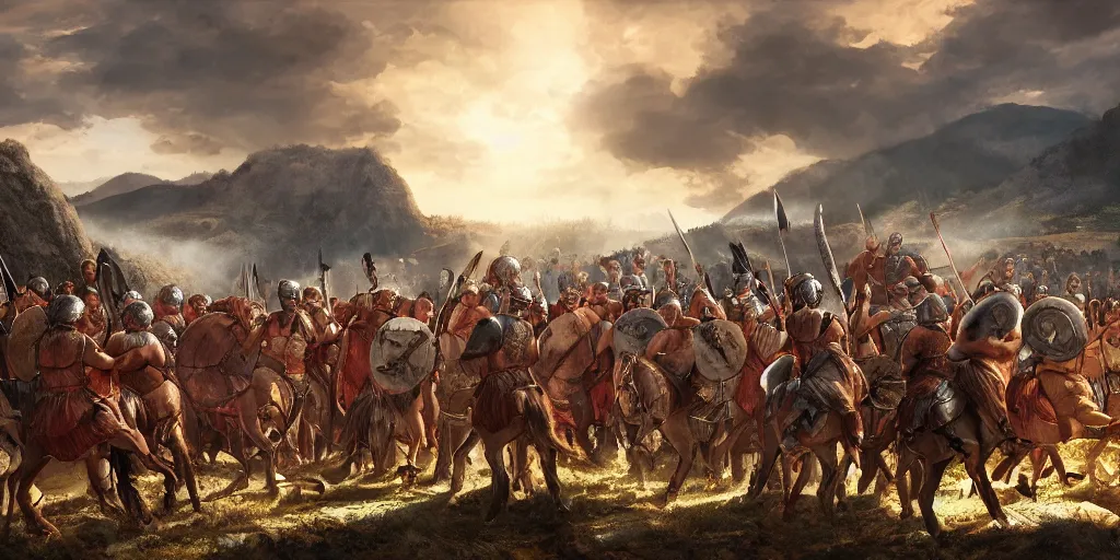 Image similar to Caesar leading roman legions over hills into battle, stunning lighting, beautiful scenery, digital painting, 4k