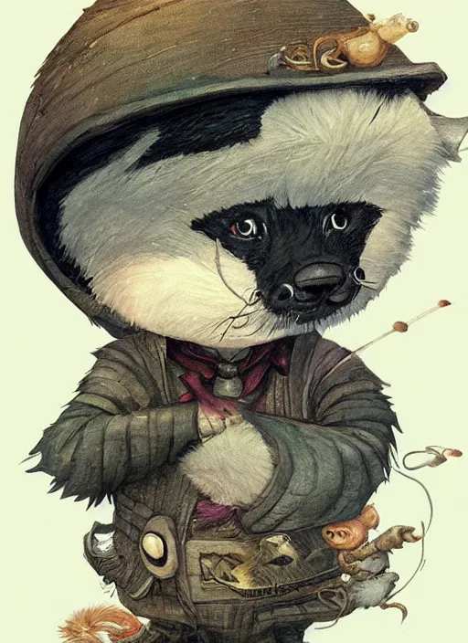 Image similar to a fantasy chibi illustration portrait of an anthropomorphic badger mage, by victo ngai, by stephen gammell, by george ault, artstation