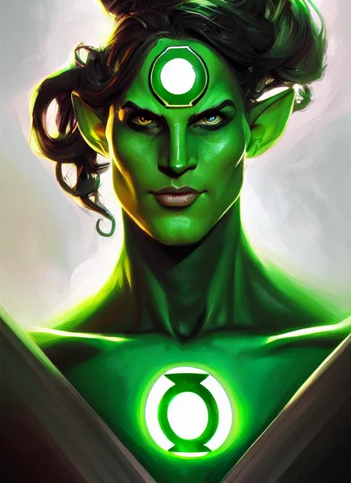 Prompt: dynamic medium shot painted portrait, green lantern colours, elf, sharp smooth details, caustics, unreal engine, matte painting concept art, fanart artstation by kevin christian muljadi and entei ryu and oldgun - k and jesper ejsing and rhads and lois van baarle and ilya kuvshinov and rossdraws