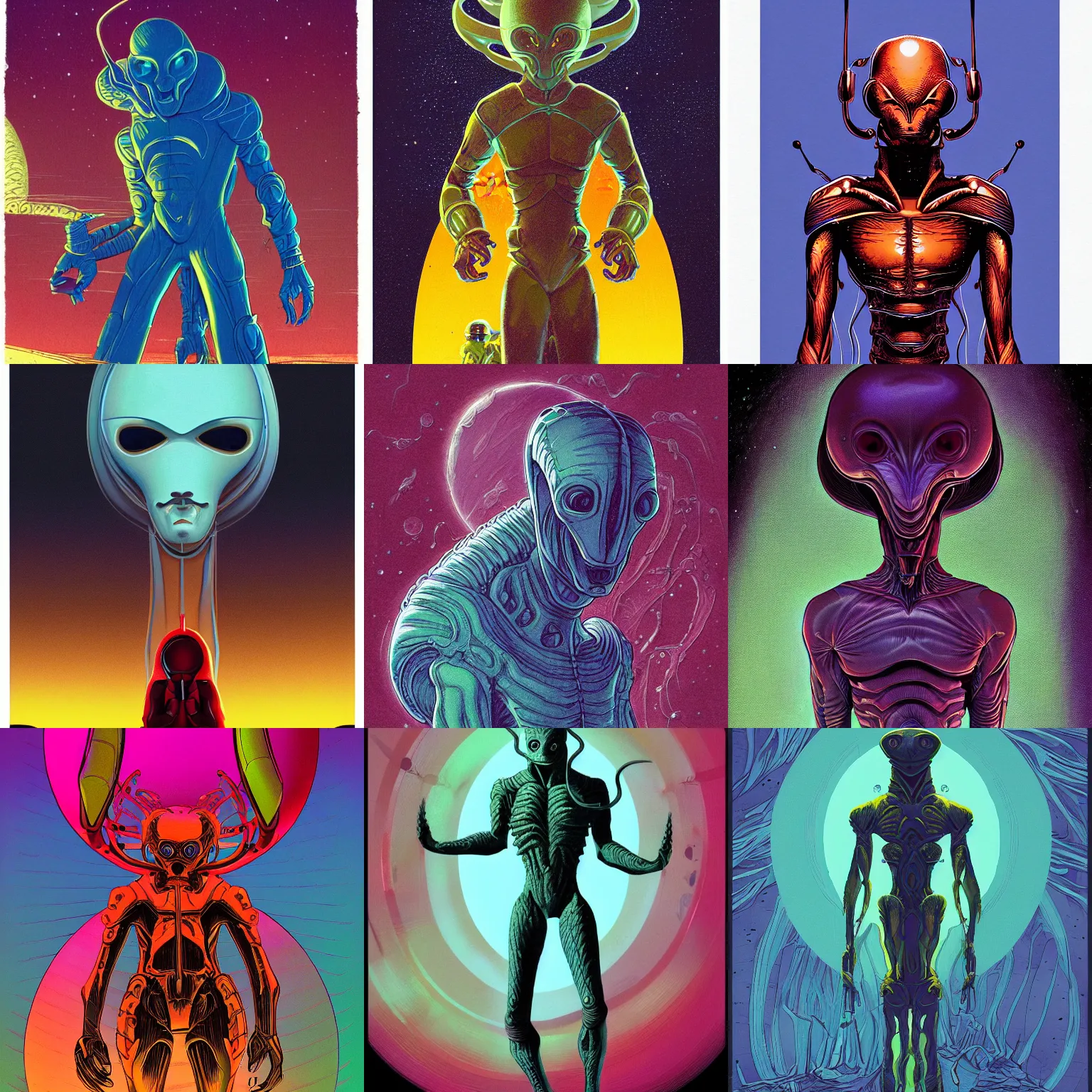 Prompt: an illustration of an sci - fi alien species in style of michael whelan, poster color on paper. deep color palette. soft, high - resolution, flat, modern illustration, detailed pen strokes.