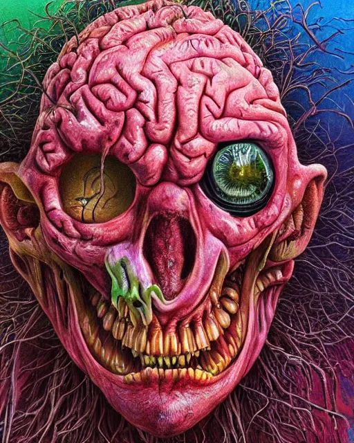 Prompt: Haunting horrifying hyperrealistic detailed portrait painting of a brain with human eyes and teeth with a big grinning smile, looking happy, vibrant feel, bursts of color, color ink explosion, beautiful spectrum of vibrancy, flowers falling from the sky heavy metal, disgusting, creepy, unsettling, in the style of Michael Whelan and Zdzisław Beksiński, hyper detailed, trending on Artstation