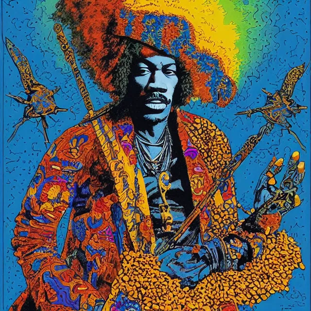 Image similar to jimi hendrix standing in a voodoo circle at the beginning of the world by jean giraud and moebius