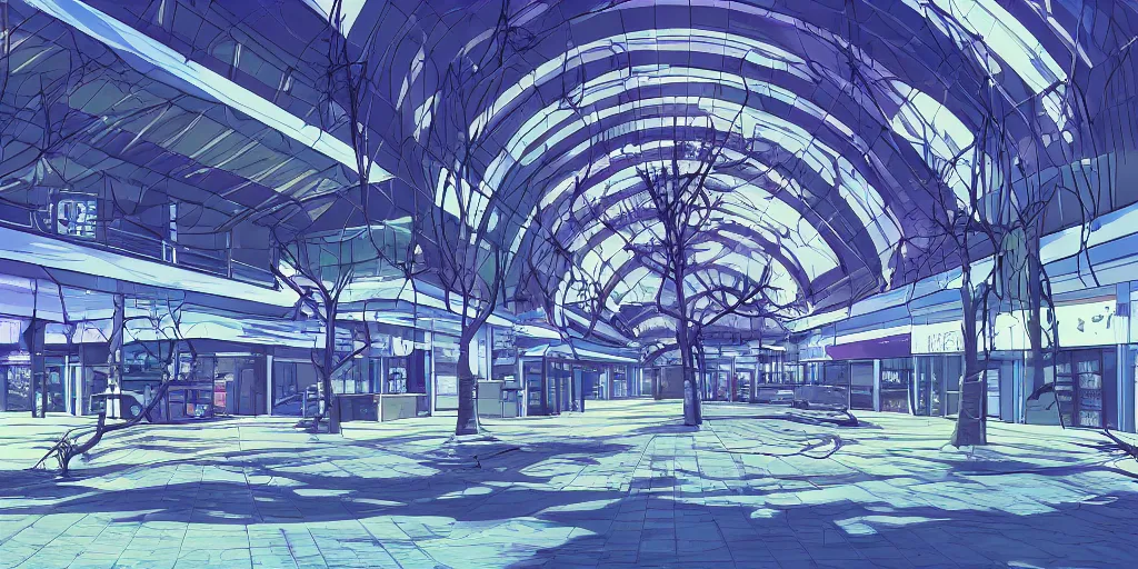 Image similar to abandoned mall at night, some decorative trees in the middle, subtle wear - and - tear, anime!, award - winning digital art