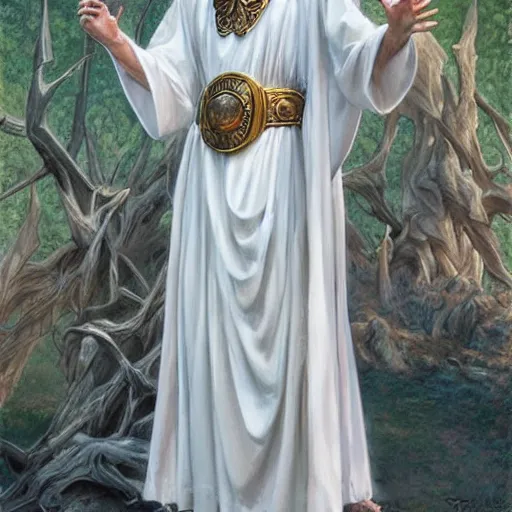 Image similar to Cult leader wearing white robes as a fantasy D&D character, portrait art by Donato Giancola and James Gurney, digital art, trending on artstation