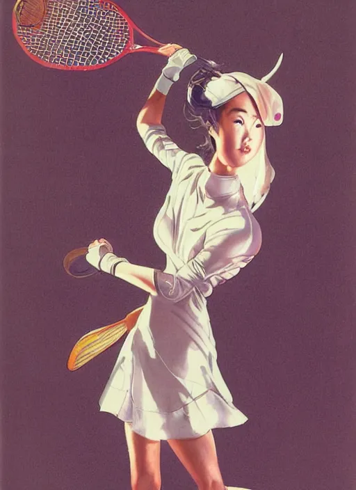 Image similar to a copic maker art nouveau portrait of a japanese girl playing tennis at high speed wearing a futuristic latex pilot suit and a puffy skirt designed by balenciaga by john berkey norman rockwell