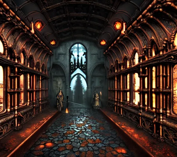 Image similar to steam necropolis, memento mori, gothic, neo - gothic, art nouveau, hyperdetailed copper patina medieval icon, stefan morrell, philippe druillet, ralph mcquarrie, concept art, steampunk, unreal engine, detailed intricate environment, octane render, moody atmospherics, volumetric lighting, ultrasharp, ominous, otherworldly