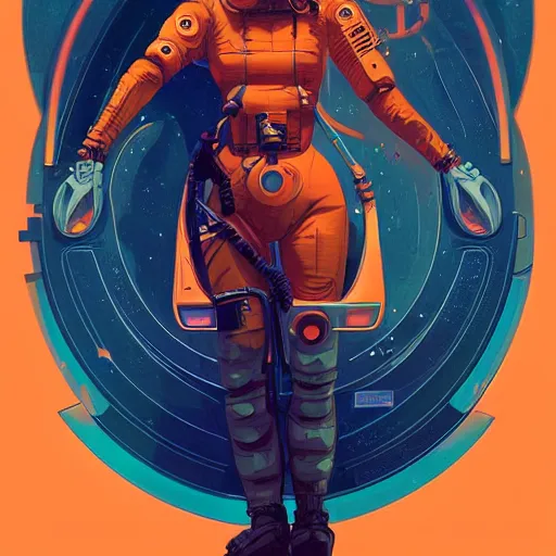 Image similar to a poster design of a portrait of a female orange astronaut, cyberpunk, Highly detailed labeled, poster, peter mohrbacher, featured on Artstation