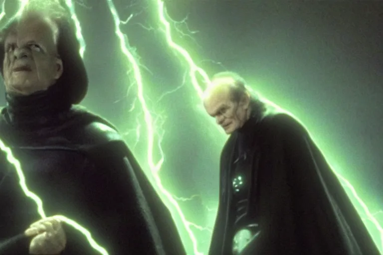 Image similar to (a cinematic still from return of the jedi!!), palpatine force lightning