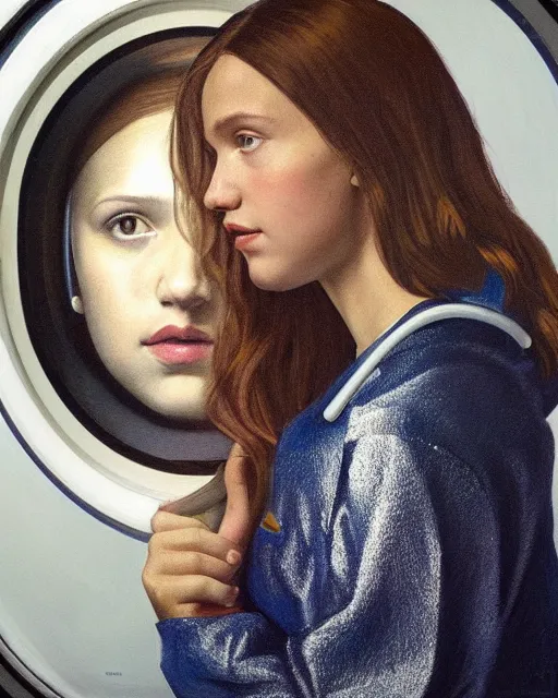 Image similar to a window - lit realistic portrait painting of a thoughtful girl resembling a young, shy, redheaded alicia vikander or millie bobby brown wearing a futuristic reflective spacesuit by a spaceship porthole, highly detailed, intricate, by vermeer