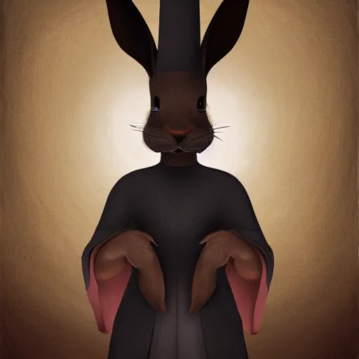 Prompt: black humanlike anthropomorphic jackrabbit harengon, wearing monk robes and a large wide brimmed hat, dark foreground, 4 k digital art