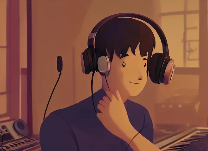 Image similar to man with headphones at his home studio producing music late at night, very detailed, 4 k, cory loftis, james gilleard, atey ghailan, makoto shinkai, goro fujita, studio ghibli, rim light, exquisite lighting, clear focus, very coherent