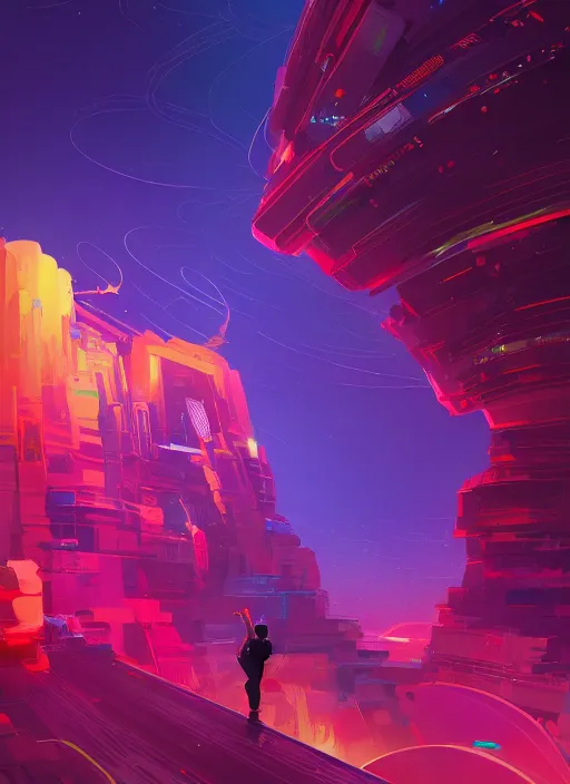 Image similar to Man djing in front of the universe, digital art, dynamic lighting, hyper detailed, artstation, golden ratio, by Anton Fadeev and Beeple and greg rutkowski and liam wong, 4K