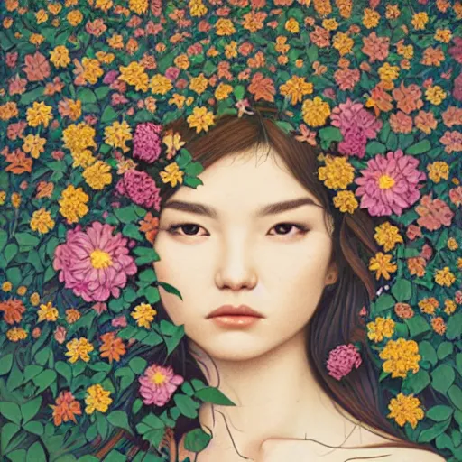 Image similar to a high resolution 3d portrait of a woman covered in flowers by Audrey kawasaki and James jean