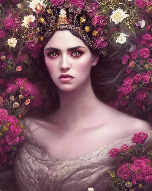 Image similar to portrait of the arabic queen of the underworld, surrounded by flowers by karol bak, james jean, tom bagshaw, rococo, sharp focus, trending on artstation, cinematic lighting, hyper realism, octane render, 8 k, hyper detailed.